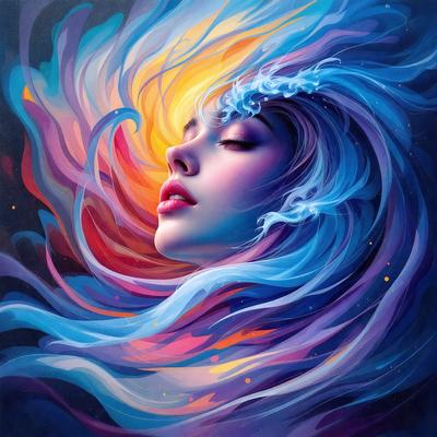 The primary subject of the image is a woman with long hair, who appears to be a mermaid. She is surrounded by a vibrant and colorful environment, with a mix of blue, purple, and orange hues. The setting includes a waterfall, which adds to the overall atmosphere of the scene. The visual style of the image is a combination of digital art and illustration, creating a captivating and imaginative portrait of the mermaid.